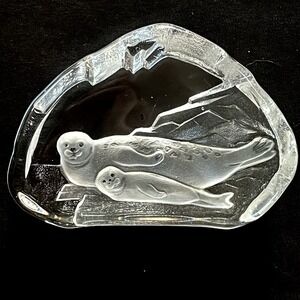 Nybro Swedish Crystal Paperweight Mother Seal w Pup Signed Intaglio Glass